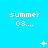 Pixelated blue background with repeated 'summer 08...' text and changing white symbols across three