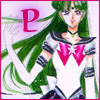 Static pixel art of a green-haired anime character in a sailor-style uniform with a pink bow, holding a sword-like object, next to a large red letter P.