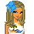 Pixel art contact sheet with four frames showing a cartoon woman, tropical flowers, and text about Hawaii.