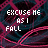 Pixelated text reads 'EXCUSE ME AS I FALL APART' over a dark background with pinkish-red curved lines, forming a repeating pattern.