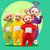 Pixelated static image of four Teletubbies characters in colorful onesies standing together against a green background with a large light yellow circle behind them.
