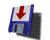 Blue floppy disk icon with red downward arrow on white label, shown in multiple angled views with shadow effects.