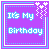 Pixelated graphic with purple background and blue borders displaying "It's My Birthday" text and star-shaped confetti.