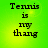 Green background with pixelated black text reading "Tennis is my thang" in four identical arranged in a