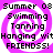Pixelated text on a purple and white spiral background with repeated phrases about summer activities.