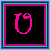 Pixelated pink icon with rounded top and curved base on black background, surrounded by multicolored border layers.