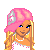 Pixel art buddy icon featuring a cartoon woman with blonde hair, pink cap, white top, and dark pants standing next to green text on a pink background.