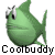 Animated contact sheet of a green cartoon fish mascot with changing facial expressions across 8 frames, each labeled "Coolbuddy" in pixelated text below the icon.