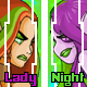 Pixelated character with green eyes and lips, alternating between red-orange hair labeled 'Lady' and purple hair labeled 'Night', against a bright green background.