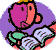 Pixelated cartoon character with pink face and green shirt holds open book with purple pages, set against purple circular background.