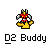 Pixelated character with red torso, yellow accents, and black-and-white limbs posed in a dynamic stance above text reading 'Q2 Buddy' on gray background.