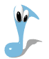 Blue musical note with large cartoon eyes on left side, transitioning to a plain blue note with small white dot on right side.