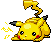 Pixelated yellow Pokémon with black-tipped ears, red cheek circles, and a curled tail emitting small sparkles on gray background.