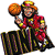 Pixelated figure in red and green attire holds an orange pumpkin, wearing a colorful hat with yellow, red, and green segments.