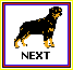 Pixelated Rottweiler dog icon with black and tan coloring, standing in profile on gray background, bordered by multicolored frame with text labels.