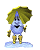 Animated character with blue body, yellow boots, and yellow umbrella-like headpiece standing on light blue base.