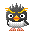 Pixelated penguin with spiky black head, yellow eyebrows, orange beak, white chest, and orange feet holding a red heart in various poses.