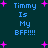 Pixelated text 'Timmy Is My BFF!!!!' repeated four times on a dark teal background with scattered pink plus signs.