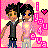 Pixelated image of two figures standing side-by-side, one holding a microphone, against pink and yellow background with heart symbol.