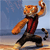 Pixelated figure with orange fur-like texture, red vest, black pants, and a curled tail, posed dynamically against a blue sky and water background.