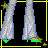 Pixel art of character parts and yellow text animations on black background with star accents