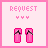 Pixelated pink icon with 'REQUEST' text and three small hearts above two identical rectangular shapes.