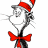 A pixelated cartoon cat wearing a red and white striped hat, black bow tie, and gray body with whiskers on a white background.