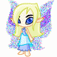 A chibi-style character with blonde hair, blue eyes, and purple wings stands in a light blue dress with white polka dots.