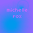 Pixelated text 'michelle rox' in pink on a blue-purple gradient background with subtle circular patterns.