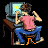 Pixelated character in pink shirt and blue pants sits at desk with CRT monitor, hands raised near head in four sequential poses.