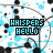Static pixel art icon with repeated text "WHISPERS HELLO" over a blue and white patterned background featuring circular shapes.