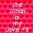Pixelated text on a pink heart-patterned background reads 'Joe Jonas is my Love <3' in two identical vertical