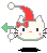 Pixelated white cat face with red bow, red pointed hat, pink cheeks, orange nose, dark blue eyes, green arrow, and white circular elements on gray background.