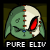 Pixelated buddy icon featuring a split green-and-white skull with red eye, blue gem, and brown accents on dark background, labeled "PURE ELIV" below.