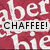 Red background with repeated white text 'aber' and 'from', overlaid by a gray rectangle containing black text 'CHAFFEE!'