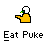 Pixel art animation of two yellow figures eating green food from a brown plate, with one figure holding the plate and another eating; text "Eat Puke" below each frame.