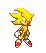 Pixelated character with spiky yellow hair, red shoes, and white gloves in multiple poses including walking, fist-raising, and thumbs-up gestures.