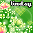 Pixelated green background with white and yellow floral patterns, pink flower accents, and 'lindsy' text in black outline with color-filled letters.