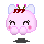 Pixelated pink character with white ears and red berry-like adornments, displaying multiple expressions including closed eyes, open mouth, and heart symbol on forehead.