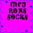 A static image with a bright pink background featuring four identical text blocks arranged in a , each displaying 'meg ROXS SOCKS' in black pixelated font