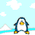 Pixelated penguin with blue wings, yellow feet, and white belly performs a sequence of animated kicks against a light blue sky with clouds and snow-capped mountains.