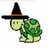 Pixelated turtle wearing witch hat with orange band, green shell and body on white background; text reads "Urtle the turtle is ready for..." and "HALLOWEEN" in pixel font.