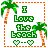 Pixel art icon with orange dashed border showing 'I Love the beach' text, palm trees, and hearts; animation changes pink highlight on 'Love'.