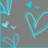 Pixelated cyan and gray composition featuring multiple heart shapes and abstract curved lines on a solid gray background.