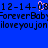 Blue background with black pixelated text reading '12-14-08 12-14-08', 'ForeverBaby', 'iloveyoujon', and a pink heart symbol replacing the 'o' in 'Baby'.