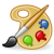 Pixelated icon of a golden artist palette with a paintbrush resting on it, featuring three paint blobs in blue, red, and green on a light gray background.
