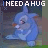 A blue cartoon rabbit with orange nose and white mouth sits on a brown surface, displaying sequential facial expressions beneath 'I NEED A HUG' text.