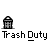 Pixel art animation of a green-shirted figure interacting with trash cans and bags, with text 'Trash_Duty' below each frame.