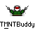 Pixelated character in green jacket with red mask and checkered arms above stylized text reading "TMNTBuddy" on gray background.