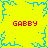 Yellow background with blue pixelated border and central starburst, four red 'GABBY' text instances.
